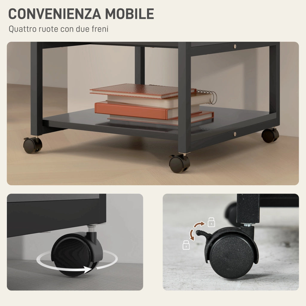 Carrello Porta Stampante a 3 Ripiani 50x50x52,5 cm con 4 Ruote in Legno e Acciaio Nero