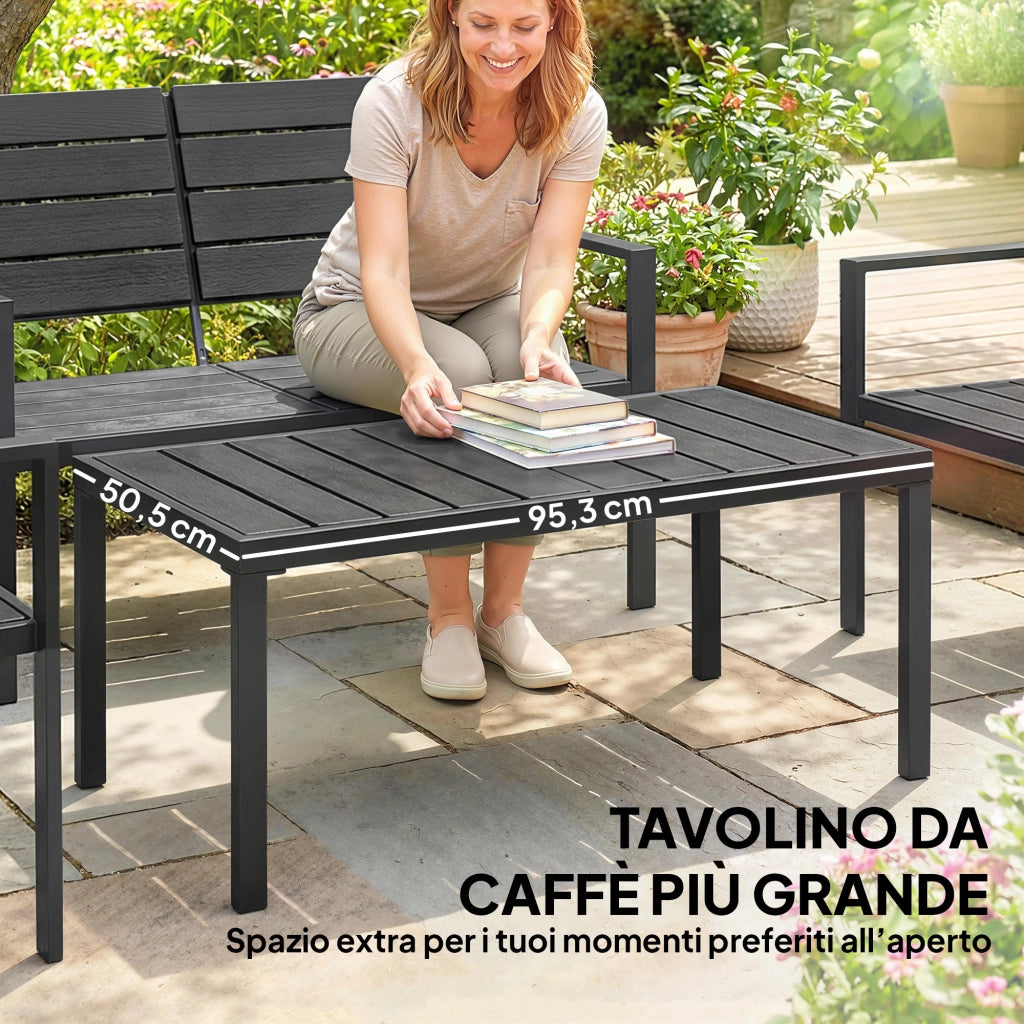 Set Giardino 4 Pezzi con Divanetto 2 Posti, Sedie e Tavolino ¨C Zephmum ¨C Nero, HDPE, Metallo
