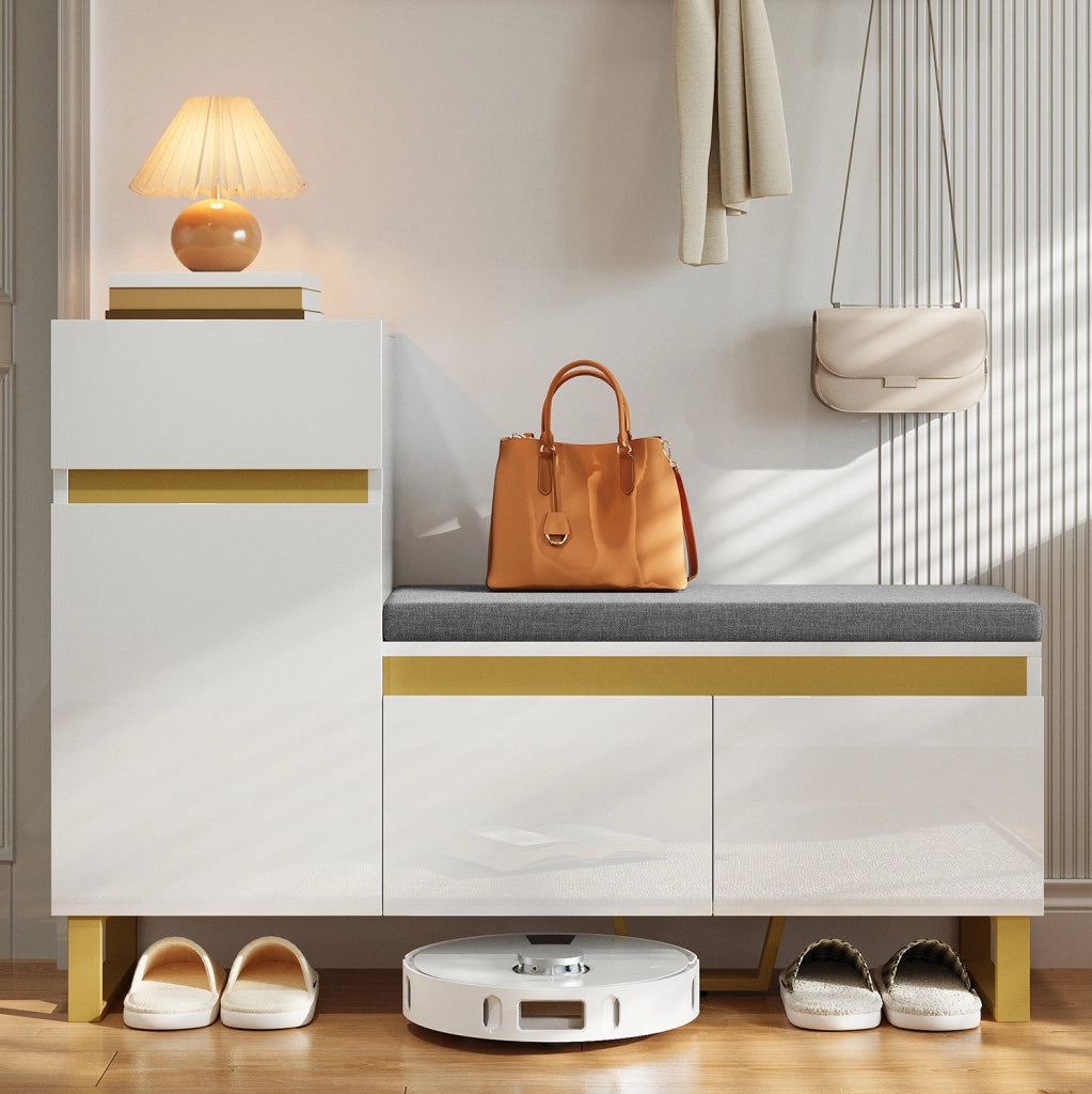 Scarpiera multifunzionale con panca e cassetto 120x35x85 cm in MDF bianco