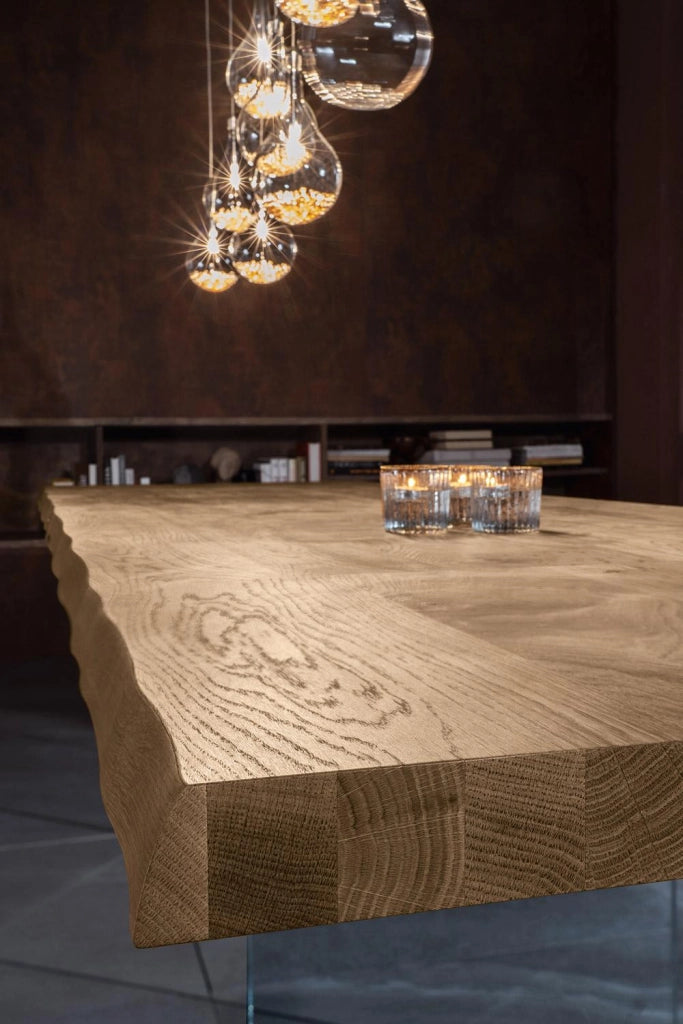 Tavolo Fisso 160x90x76 cm Gambe in Vetro con Top in Rovere Naturale