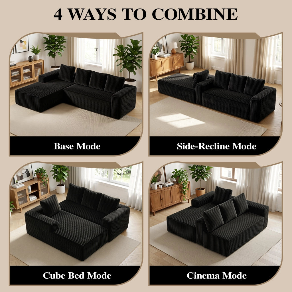 Divano angolare modulare reversibile con chaise e seduta profonda in velluto a coste nero 261 × 168 × 58 cm