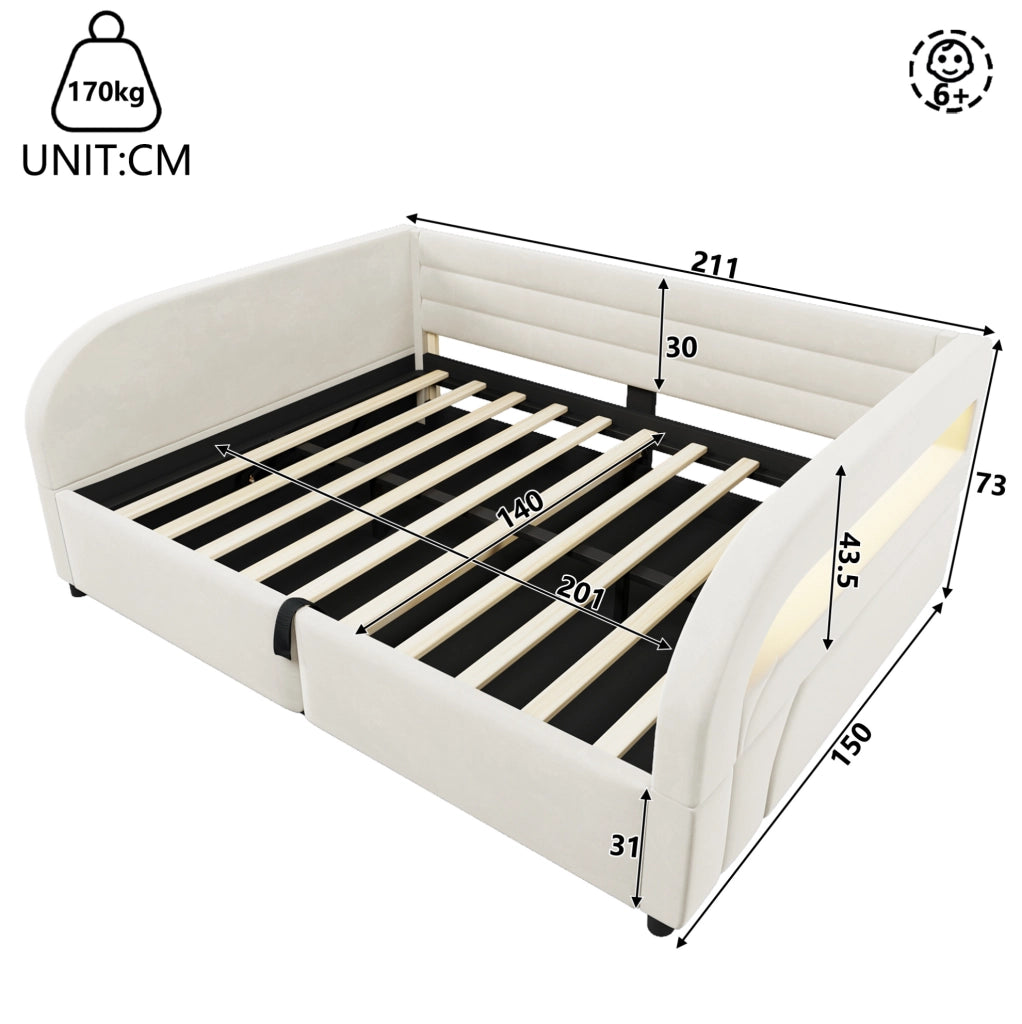 Letto imbottito 140x200 cm con contenitore idraulico e LED