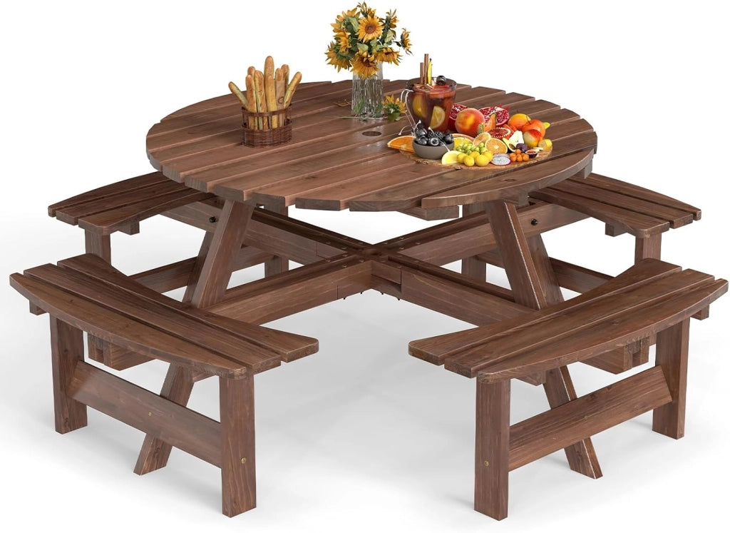 Set da Giardino per 8 Persone in Legno di Abete, Tavolo con Sedie Integrato e Foro per Ombrellone, Mobili da Esterno per Terrazza, Cortile e Pic-Nic, 178 x 70 cm