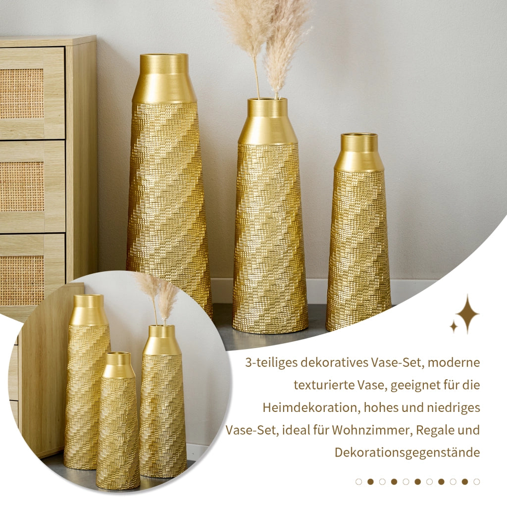 Vaso decorativo da pavimento set di 3 con texture lavorata a mano salvaspazio per interni in metallo oro e bianco