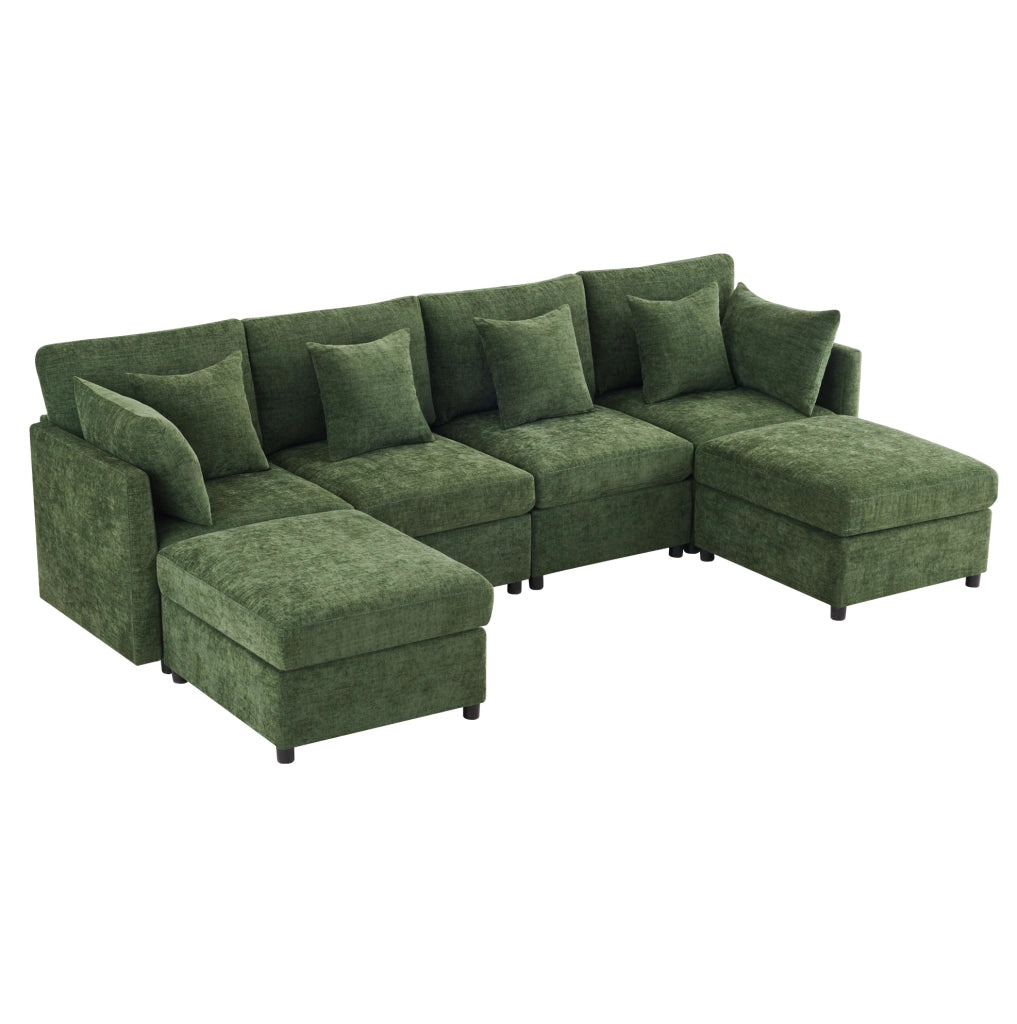 Divano modulare 4-6 posti in chenille verde con 2 pouf e 6 cuscini; 278x161x81 cm