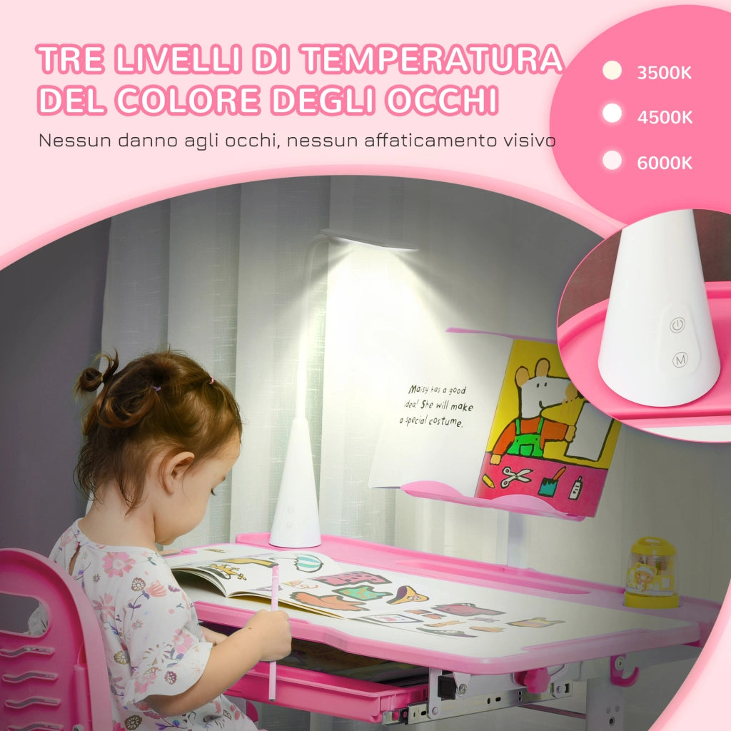Scrivania per Bambini con Scheda Regolabile, Cassetto, Luce e Piano Inclinabile ¨C Zephmum ¨C Rosa