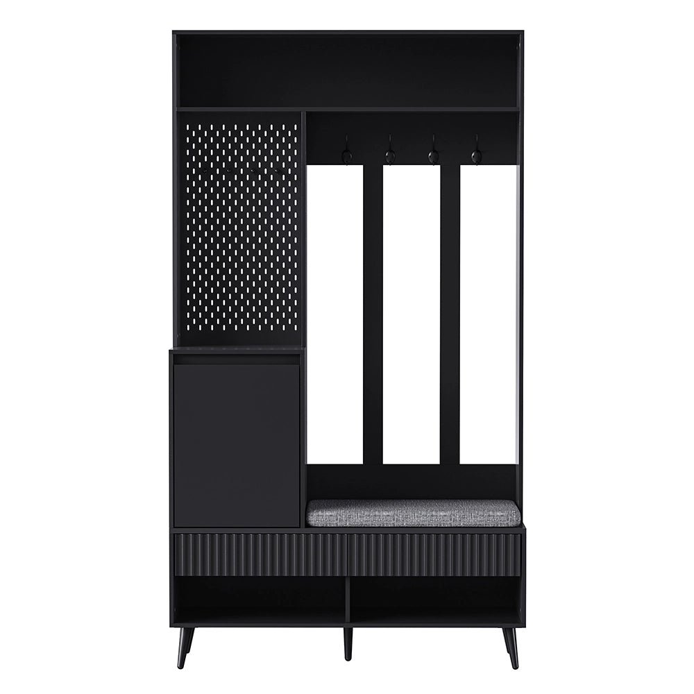Vestiaire d'entr??e con panchina - Xylo - 100x35x180 cm - Nero - 4 ganci, 2 cassetti e 1 porta