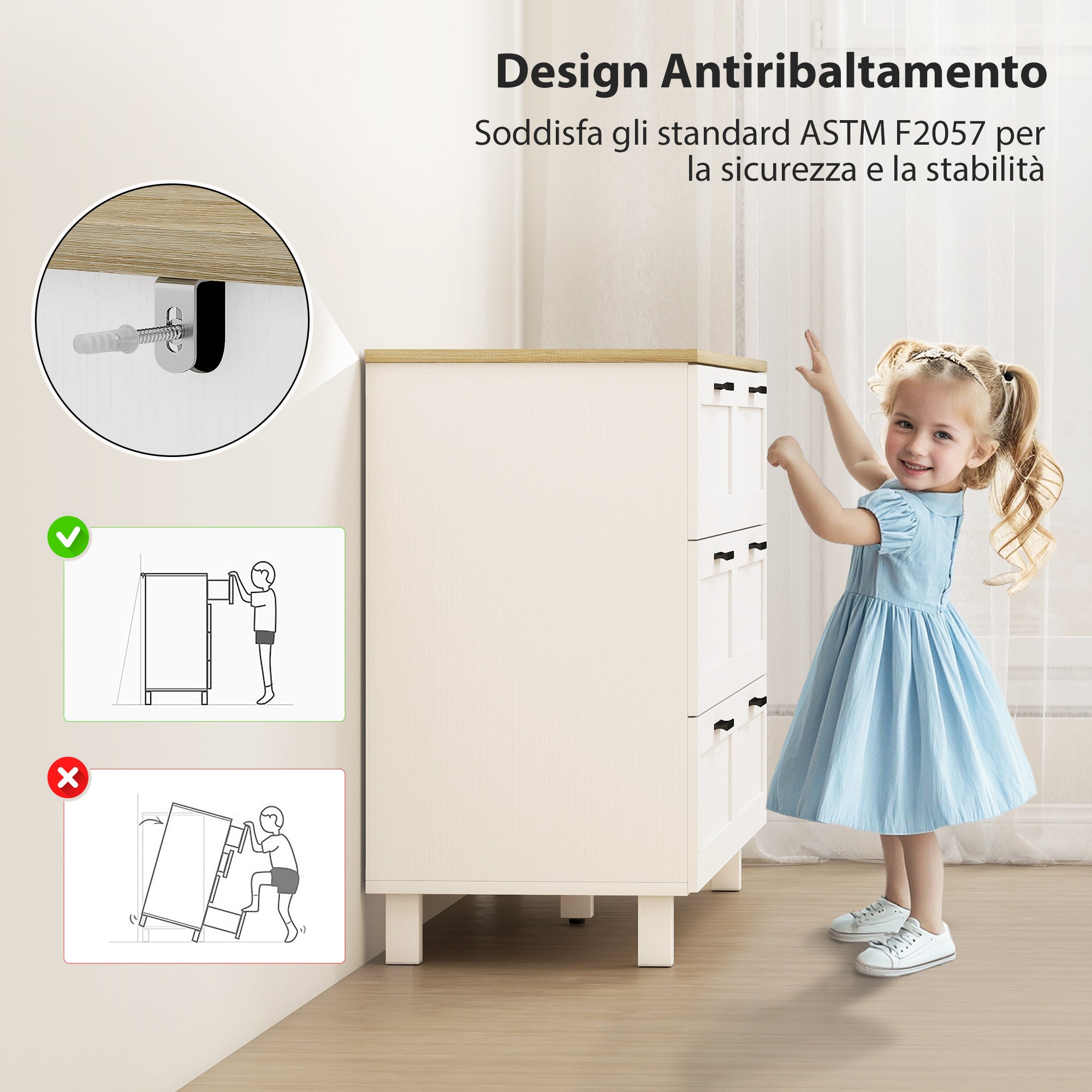 Cassettiera 6 Cassetti Moderna 120x38x71 cm in Legno di Pino e MDF Bianco e color Legno