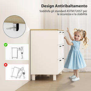 Cassettiera 6 Cassetti Moderna 120x38x71 cm in Legno di Pino e MDF Bianco e color Legno