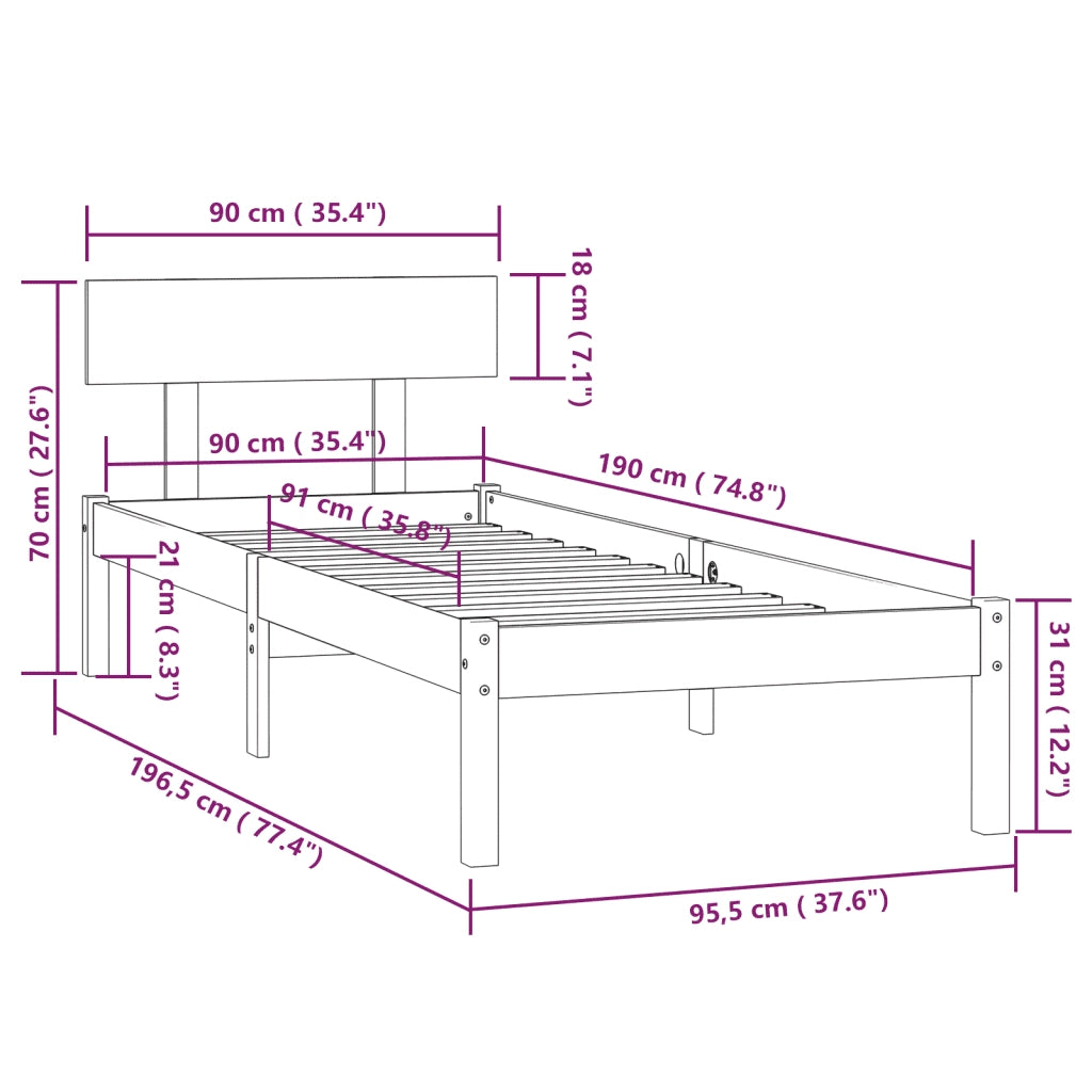 Giroletto-Struttura Letto Bianco in Legno Massello di Pino 90x190 cm Single 830074