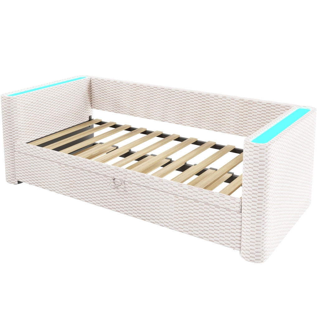 Divano Letto Multifunzionale 90x200 cm con LED e Struttura in Velluto Beige