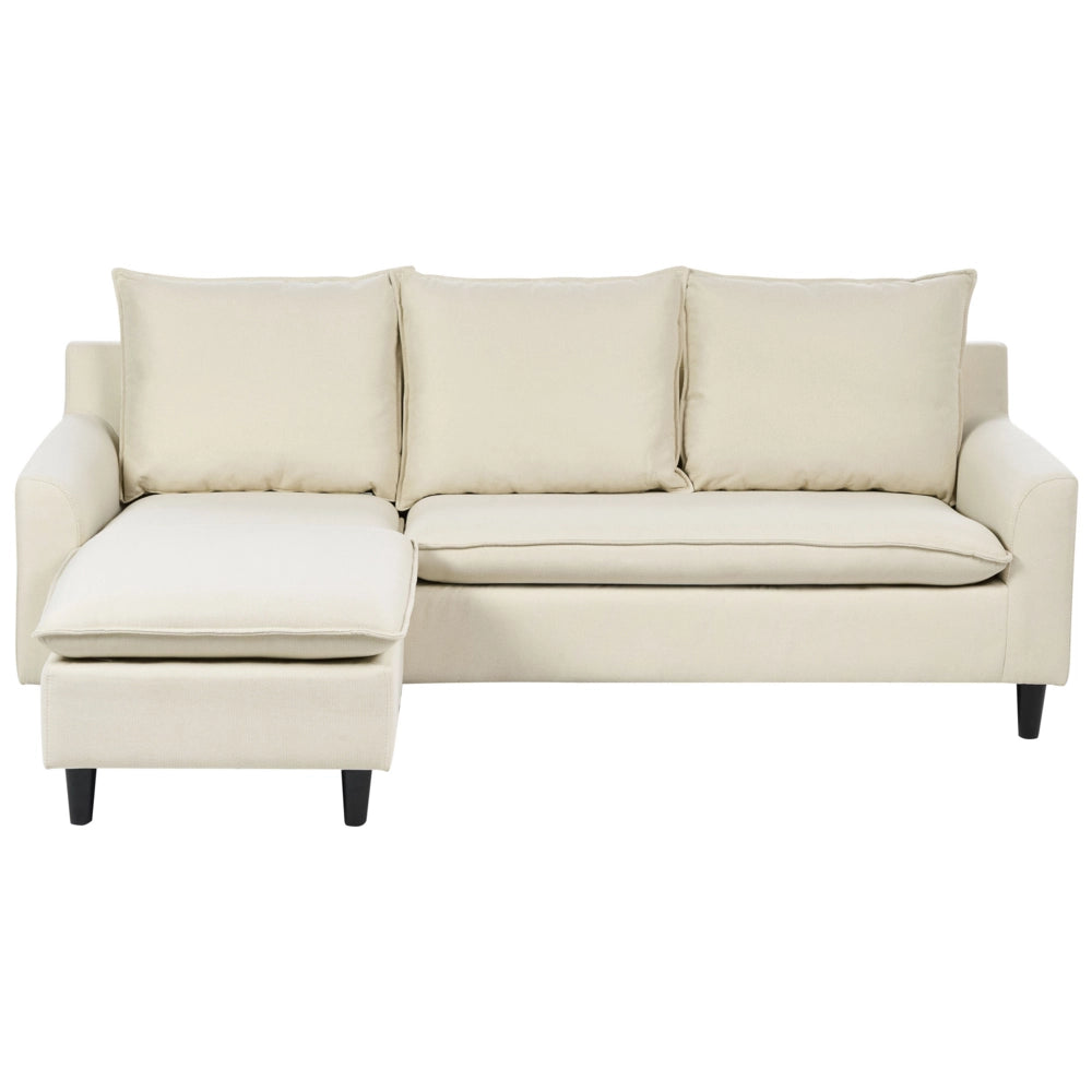 Divano Angolare destro Tessuto beige Imbottito Gambe Legno Scuro Chaise longue a 3 posti a versione destra Cuscino schienale
