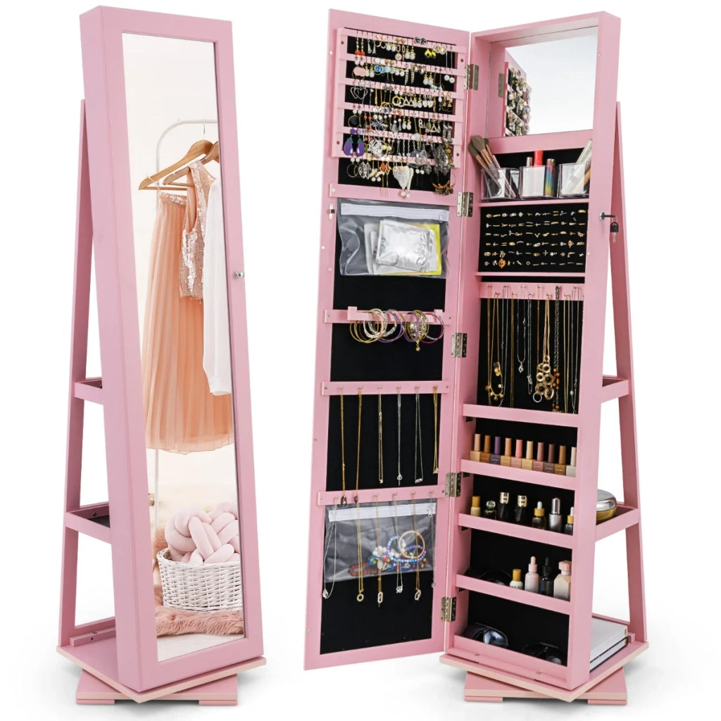 Mobile portagioie girevole 39 x 39 x 161 cm con specchio a figura intera e pratico spazio di archiviazione stile moderno MDF rosa 20_0019105