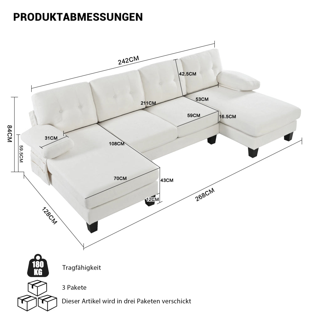 Divano a U con chaise longue bilaterale, tasche laterali e braccioli removibili in chenille beige 268 × 128 × 84 cm