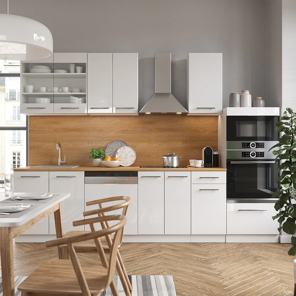 Cucina componibile Fame-Line Bianco lucido/Bianco 300 cm con armadio alto, PL Marmo Vicco