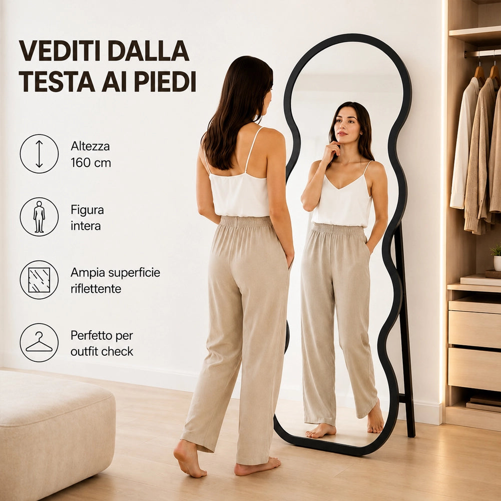 Specchio Ondulato Nero Autoportante Struttura in Legno Design Moderno 160x60cm