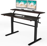 Scrivania Regolabile in Altezza, Scrivania per Computer Laptop, con Manovella, Scrivania Moderna in Acciaio e Legno, con 2 Ripiani (Marrone)
