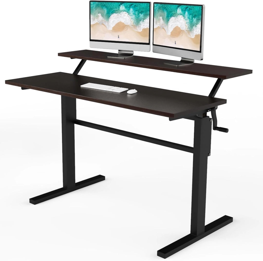 Scrivania Regolabile in Altezza, Scrivania per Computer Laptop, con Manovella, Scrivania Moderna in Acciaio e Legno, con 2 Ripiani (Marrone)