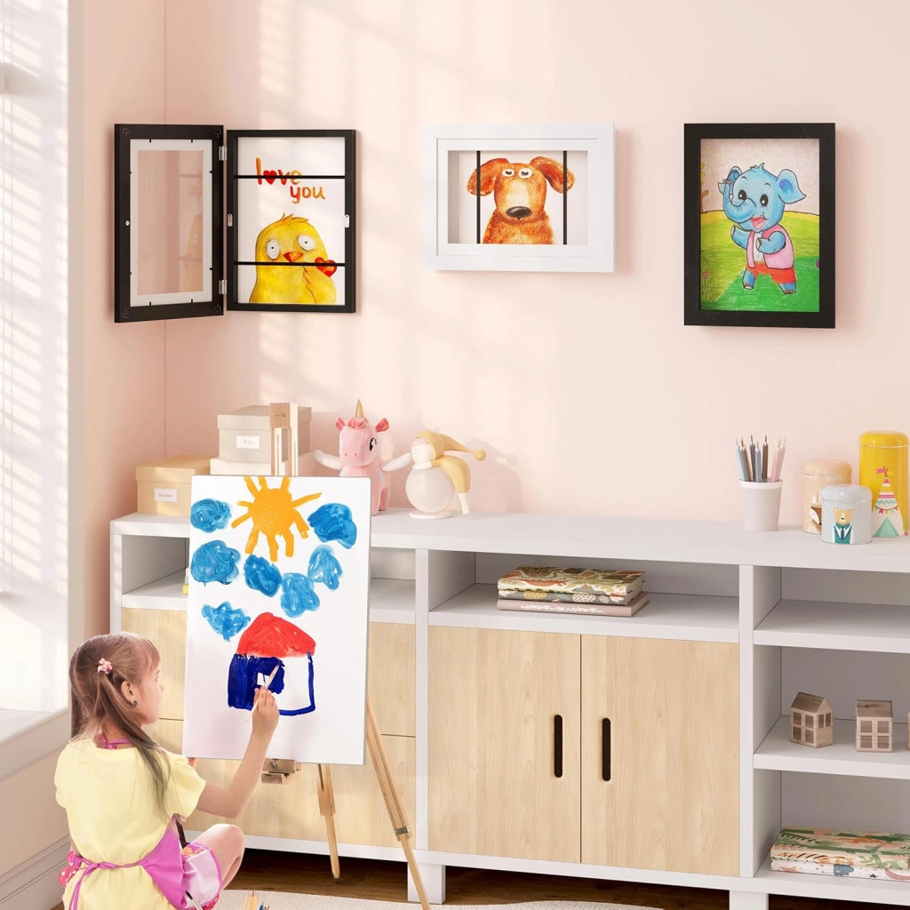 Set di 10 Cornice per Foto A4, Portafoto Profondo Apribile con Chiusura Magnetica, Cornice 3D da Parete con Ganci per Galleria, Camera da Letto, Frontale in Plexi, Telaio in MDF, Bianco