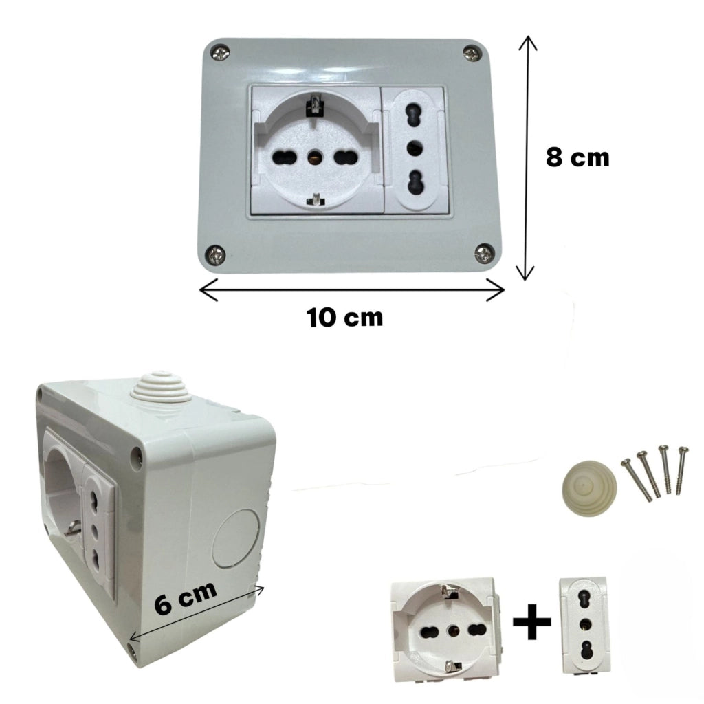 Cassetta elettrica pronta all'uso per interni IP40 presa 1 Schuko + 1 Bipasso