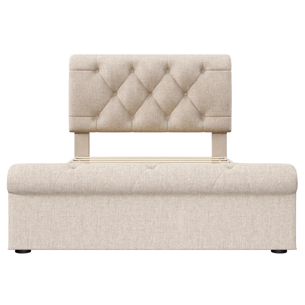 Letto singolo imbottito 90x200 cm con 2 cassetti e testiera regolabile; naturale