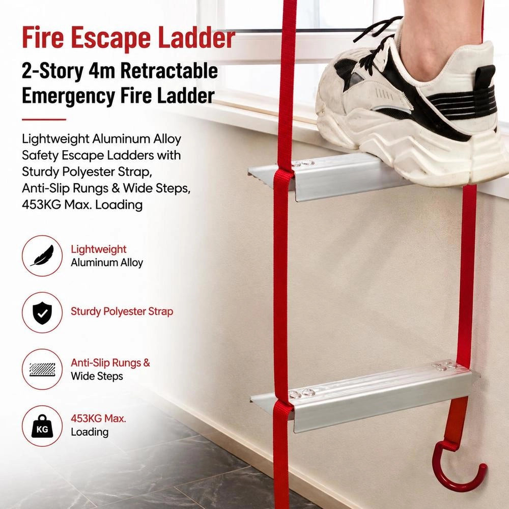 Fire Escape Ladder, 4 M, Retractable Rescue Ladder, Max. 453.6 Kg, Lightweight Emergency Ladder Made Of Aluminum Alloy With High-strength Polyester Webbing, Non-slip Rungs & Wide Steps, 2-story