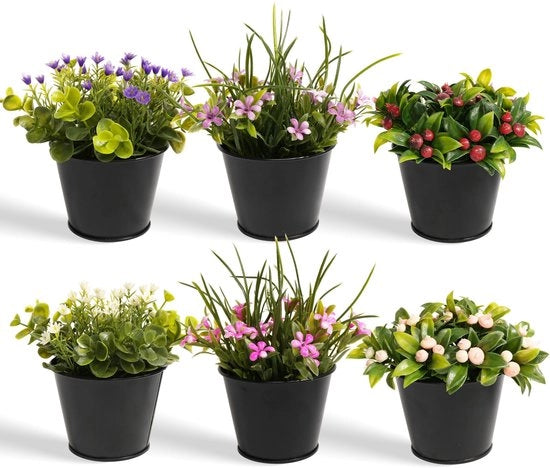 Piantine d'arte Miniature, 6 pezzi, Fiori d'arte in vaso, Piantine d'arte per camera da letto, bagno, soggiorno, cucina, ufficio, casa, decorazione interna - Ciuffo/Fiori