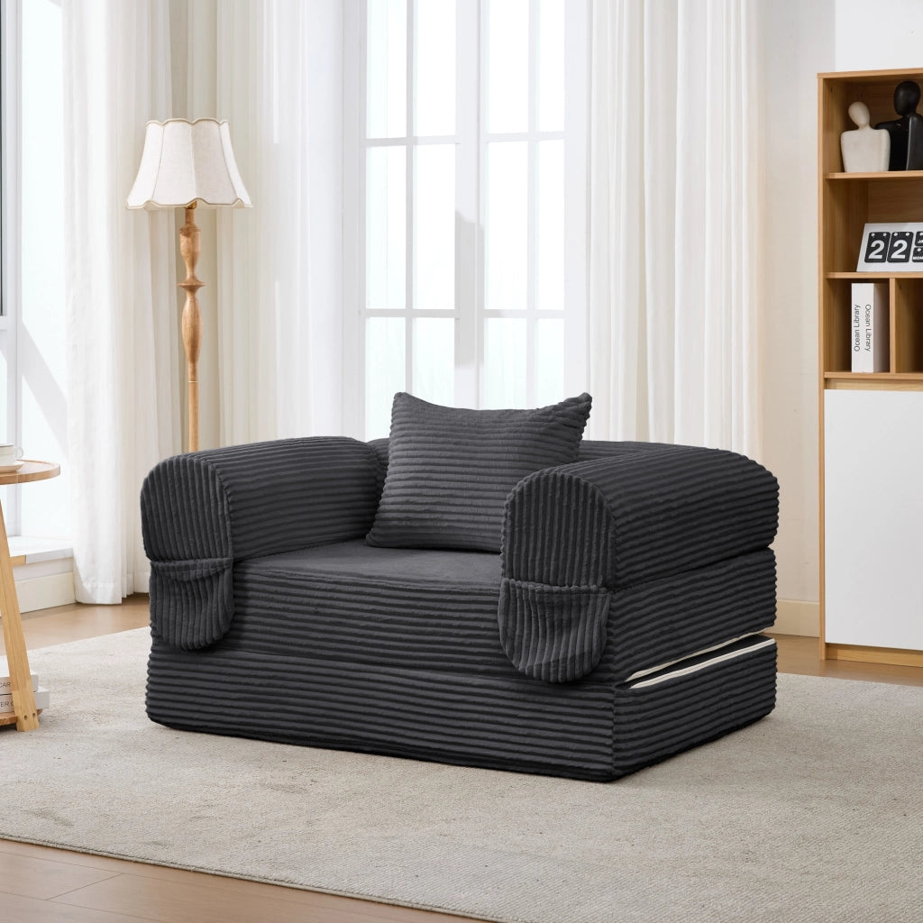 Divano letto singolo convertibile in tessuto corduroy con funzione letto, cuscino e design salvaspazio, grigio