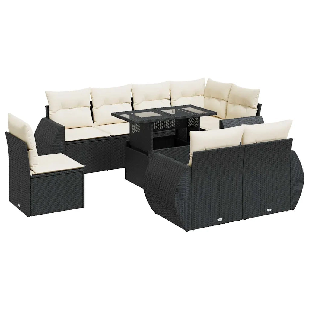 Set Divani da Giardino 9 pz con Cuscini Nero in Polyrattan 3326657