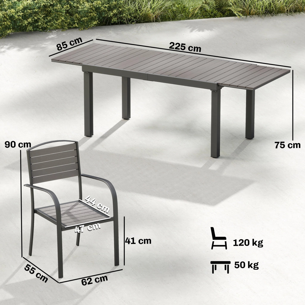 Set tavolo da pranzo allungabile 7 pezzi con 6 sedie impilabili ¨C Xylo ¨C effetto legno lamellare alluminio