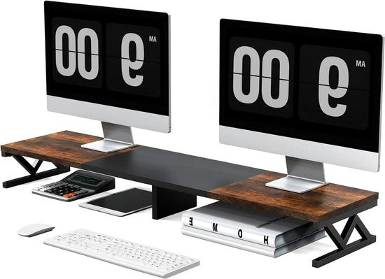 Monitor verhoging con doppia standard di monitor - grande standard in legno - piedi metallici - 100 x 24 x 115 cm - stile rustico - nero