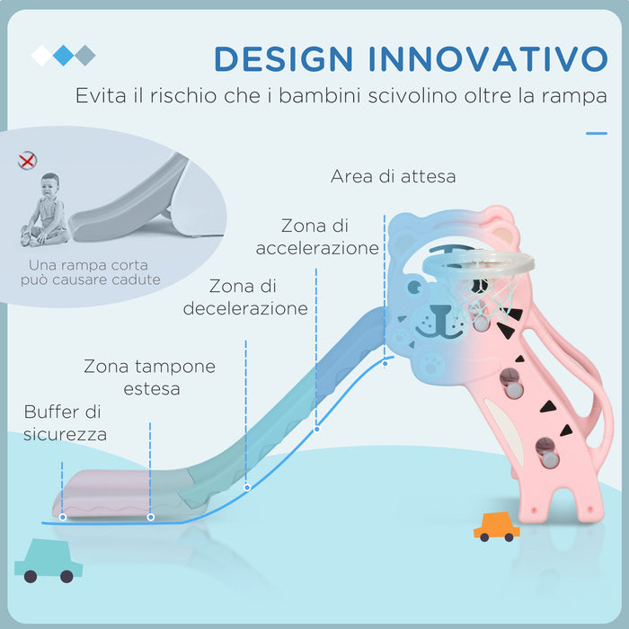 Scivolo per Bambini 18-36 Mesi 133x60x70 cm con Canestro da Basket Rosa e Grigio