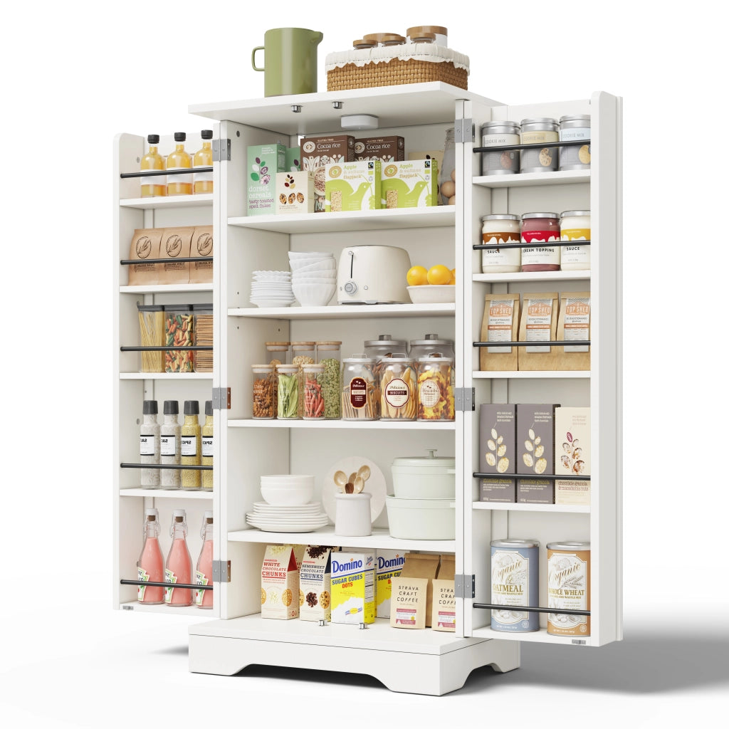 Credenza alta moderna 120x60x40 cm in MDF bianco con luci LED sensore, ripiani regolabili e chiusura clip