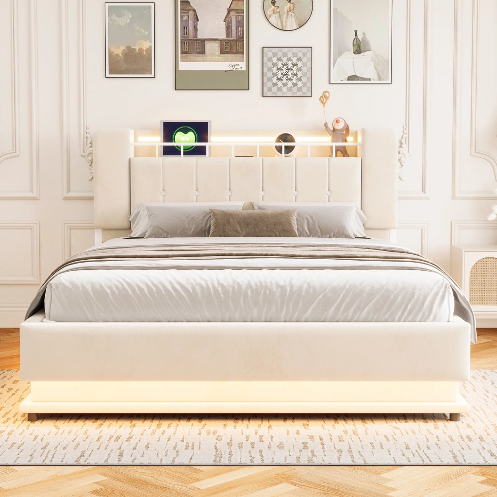 Letto matrimoniale imbottito 160x200 cm con LED; porte USB e contenitore idraulico; beige