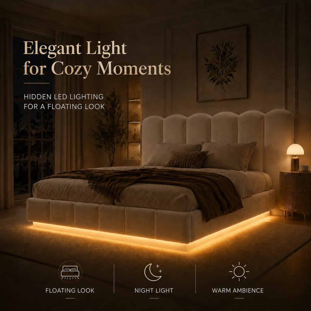 Letto capitonné con illuminazione LED e vano idraulico LEMONMAX; 180x200 cm; testiera imbottita; sommier a doghe; bianco