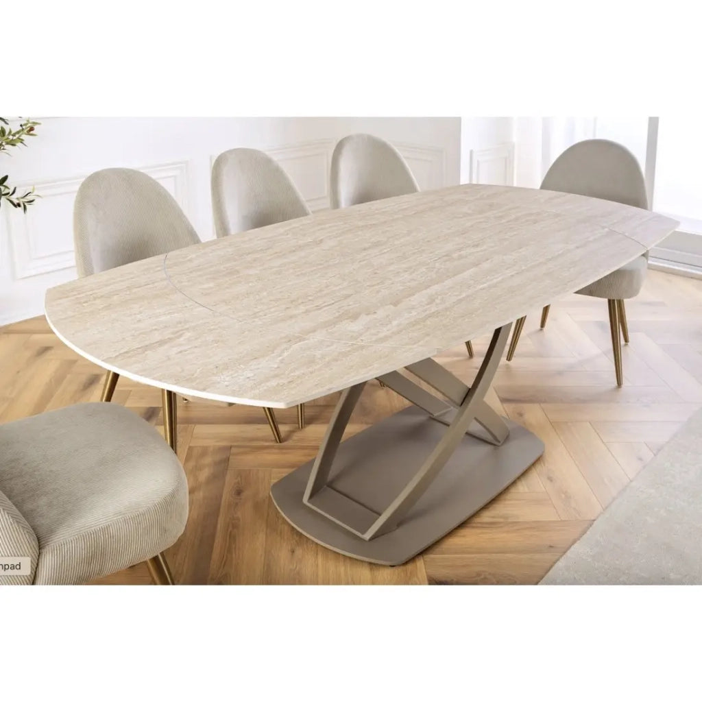Table ATONIA – Ovale extensible de 130 à 190 cm – Piano in ceramica effetto marmo beige – Gambe in metallo – Stile moderno