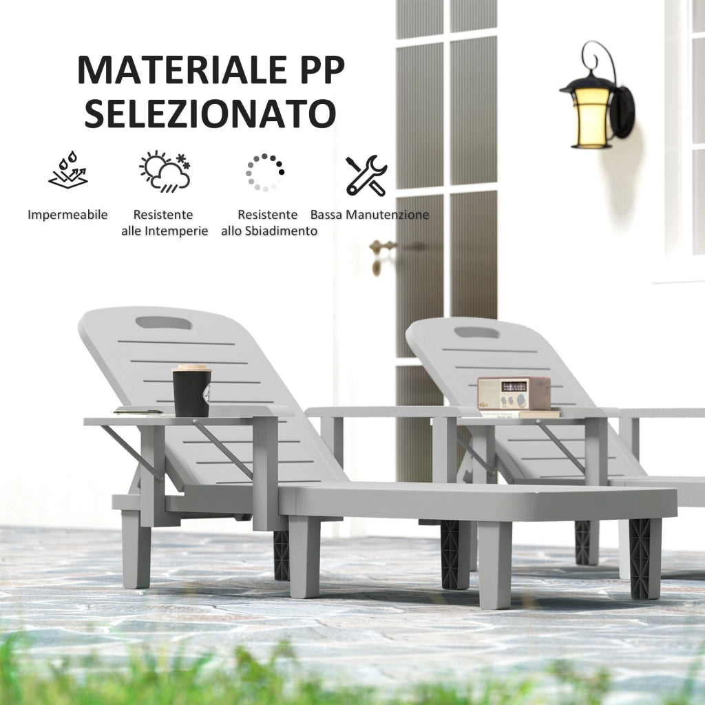 Set 2 Lettini da Giardino Regolabili 79x158x88 cm con Tavolino Pieghevole in Polipropilene Grigio Chiaro