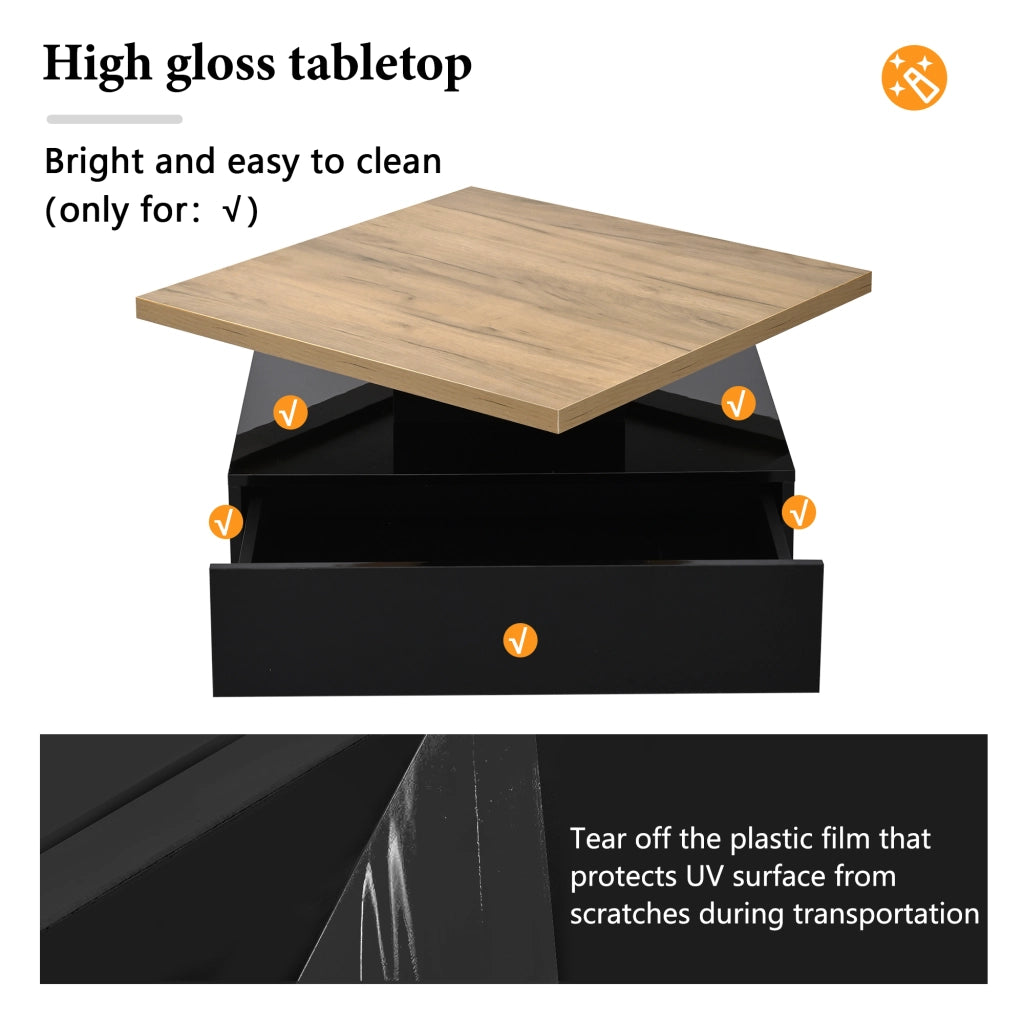 Tavolino basso con piano girevole a 360° e vano contenitore, per soggiorno, in truciolare, noce e nero, 70 × 70 × 36 cm