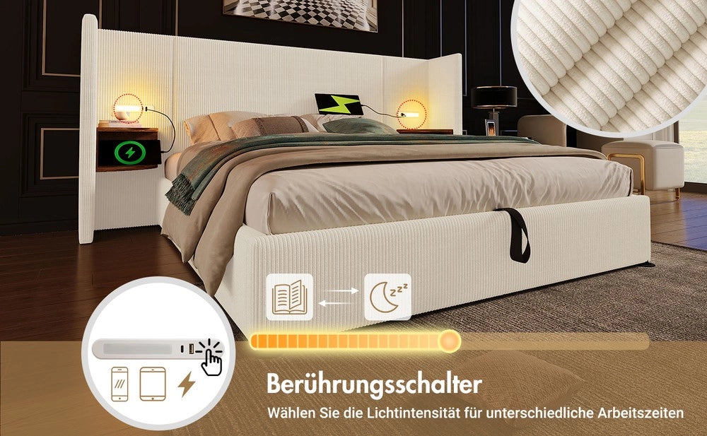 Letto Imbottito Contenitore Matrimoniale con Comodini ¨C MINIMAL ¨C Tessuto Beige, 160x200, Legno Massello e Metallo