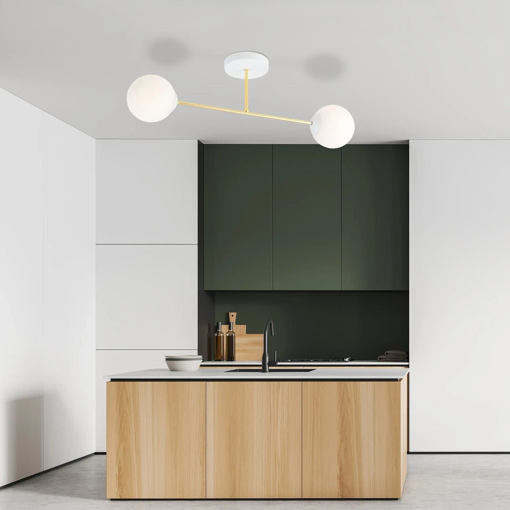 Plafoniera Moderna Magnium 2 Luci In Acciao Oro E Sfere In Vetro Bianco