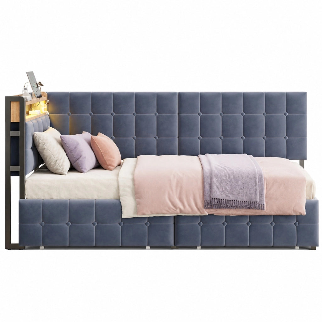 Divano letto imbottito 90x200 cm grigio con 2 cassetti, LED integrato e porte USB/Type-C