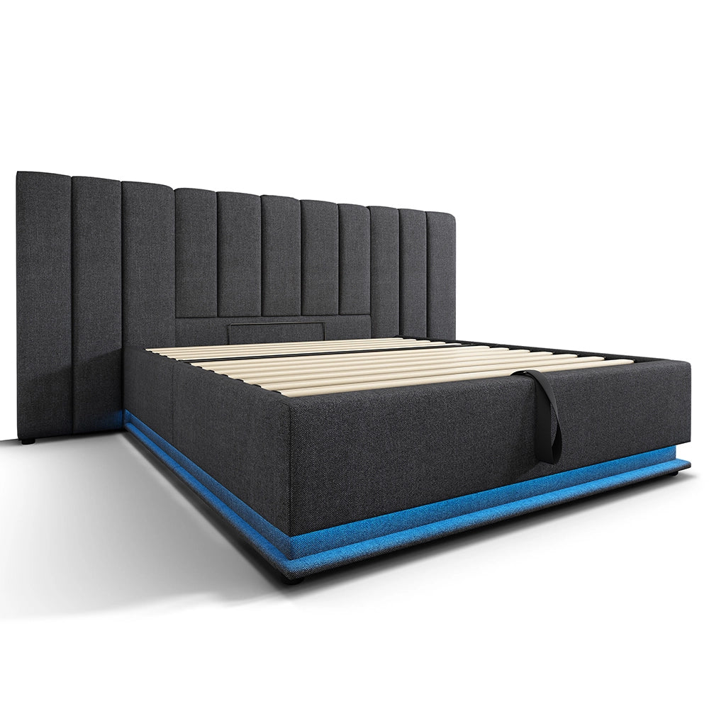 Letto imbottito con Coffre - Xylo - 160x200 cm - Grigio Lino - Controllo App LED e USB-C