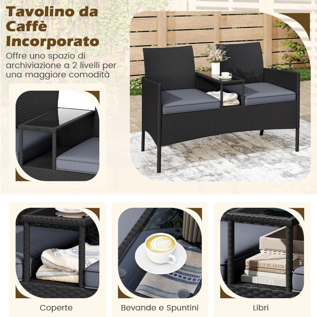 Panchina da Giardino in Rattan PE 62 x 124 x 84 cm, Divano da Esterno con Tavolino in Vetro Temperato e Cuscini Imbottiti, Poltrona con 2 Posti per Balcone, Piscina e Cortile (Grigio)