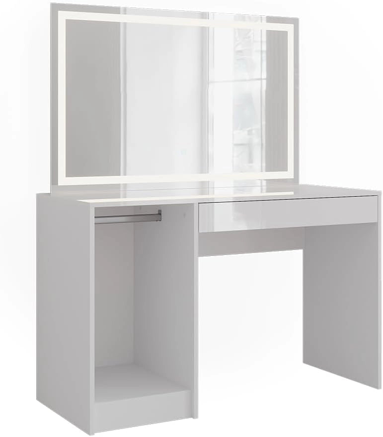 Tavolo da toeletta Sherry, Bianco/bianco lucido, 119.8 cm con specchio LED, adatto per la conservazione ordinata di articoli cosmetici