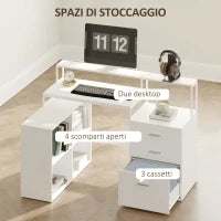 Scrivania Ufficio con 2 Tavoli, 4 Ripiani, 3 Cassetti e Supporto per Monitor, in Legno, 138.5x90x92 cm, Bianco
