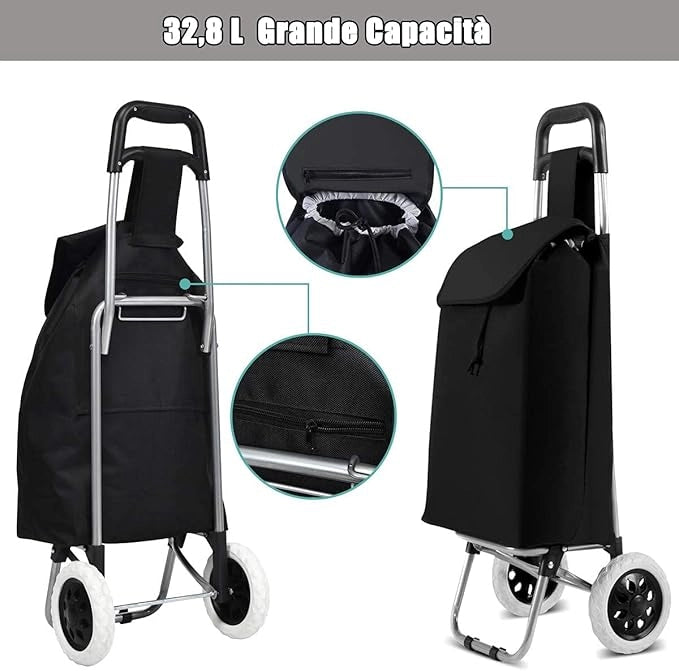 Carrello della Spesa Pieghevole con Ruote,32,8 L Trolley Borsa per Spesa in Metallo con Portata di 35 kg, Tessuto Oxford e Plastica, 35 x 28 x 90 cm, Nero