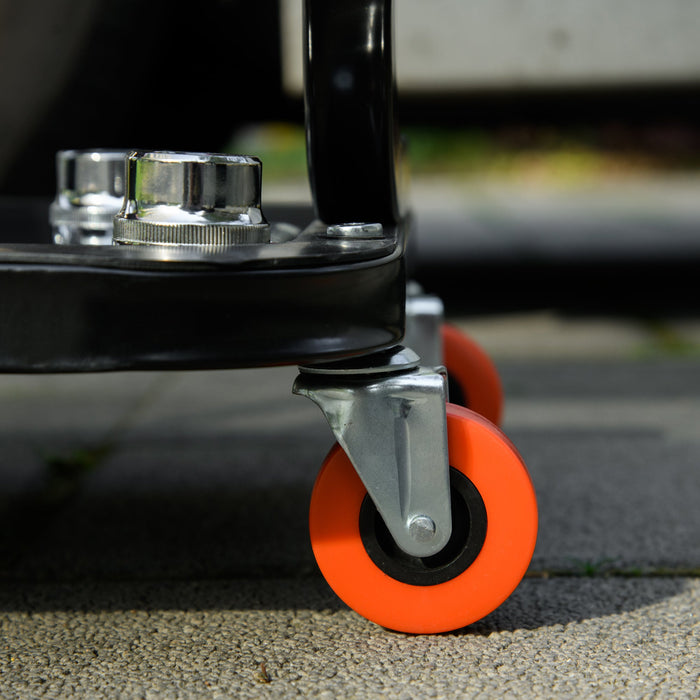 Sgabello da Officina Imbottito con Ruote e Vassoio Porta Attrezzi 38x35x37 cm in Acciaio e PU Rosso