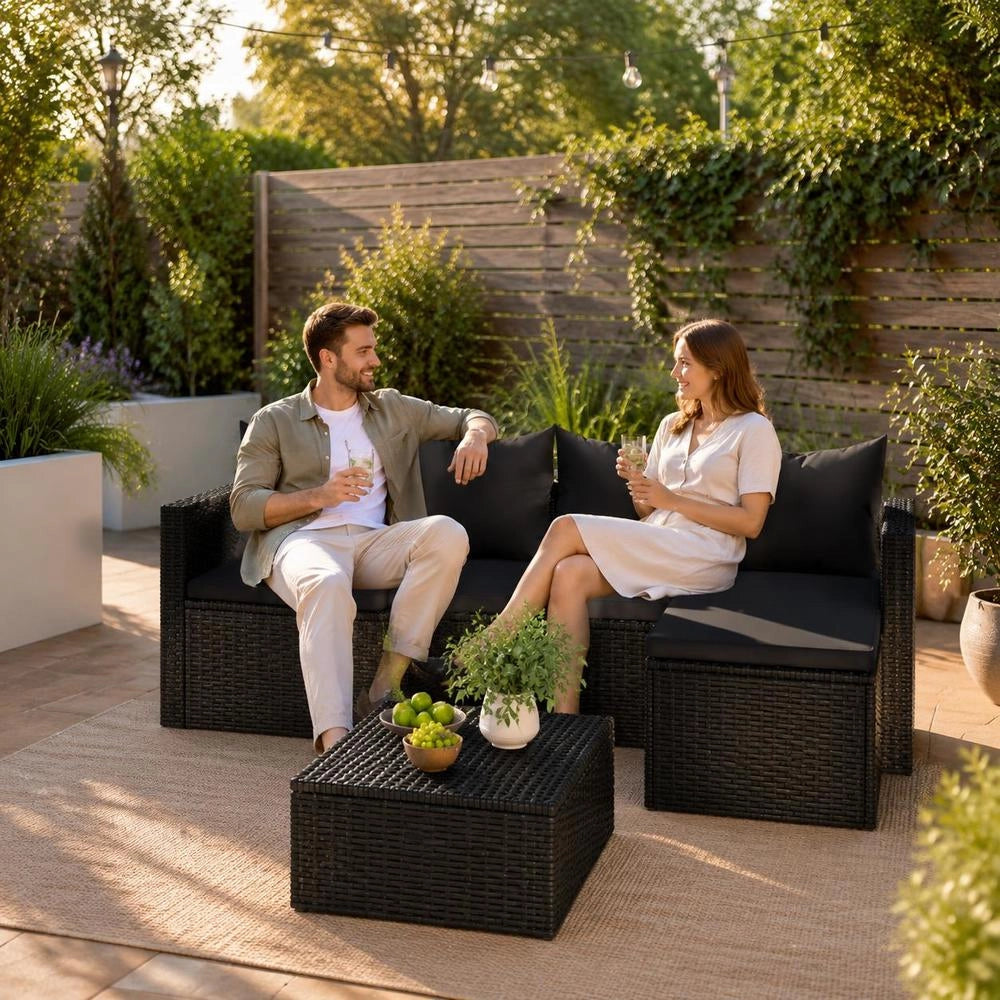 Garden Lounge Set Black Poly Rattan