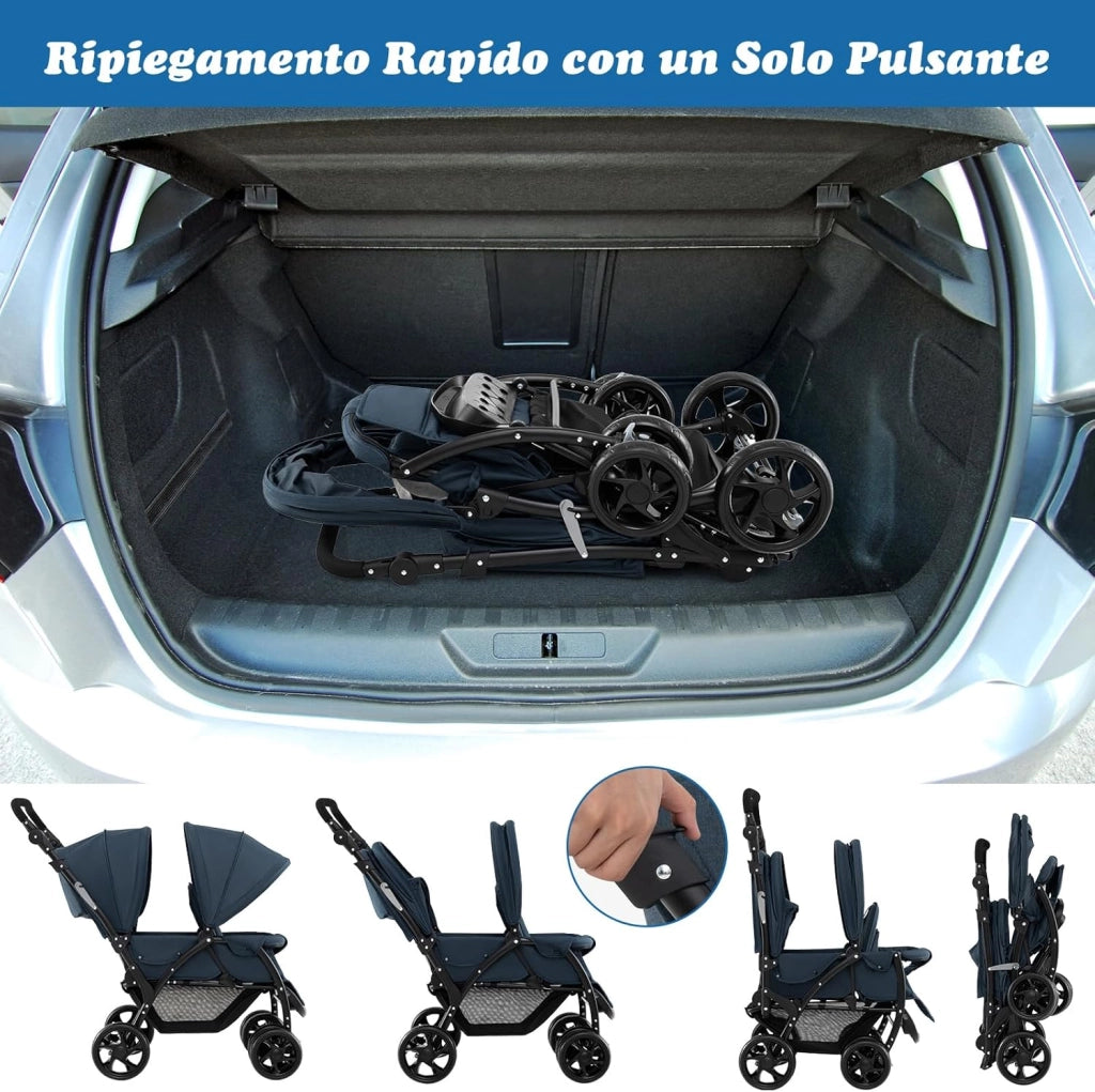 Passeggino Doppio Pieghevole per Bambini, Passeggino Gemellare Pieghevole, con Seduta in Tandem e Tettuccio, Schienale Regolabile, Ruote Bloccabili e Antiurto, per Bambini 0-36 Mesi (Blu)