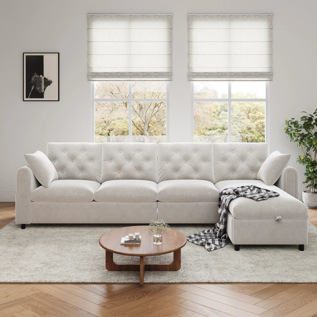 Divano angolare in velluto con funzione letto, contenitore laterale e chaise longue reversibile, beige, 281¡Á132¡Á86 cm